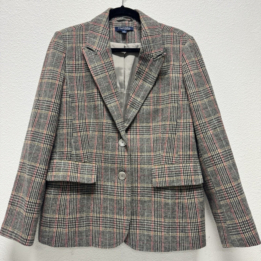 Chadwicks of Boston Blazer‎ Womens 12 Gray Tweed Wool Blend Suit Jacket Plaid